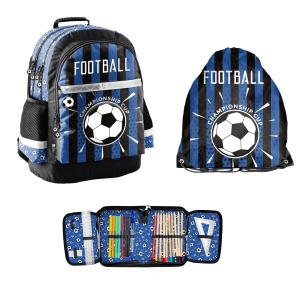 3-TEILIGES SCHULSET: RUCKSACK 3D PRÄGEDRUCK MOTIV + TURNBEUTEL + BEFÜLLTE FEDERMAPPE - FOOTBALL - BLAU
