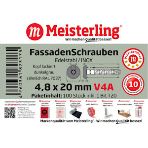 100 x MEISTERLING® FASSADENSCHRAUBEN INOX V4A 4,8 x 20 MM FLACHKOPF TORX T20 DUNKELGRAU + 1 BIT Bild 3