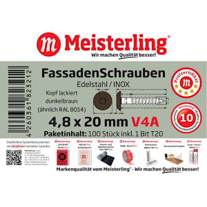 100 x MEISTERLING® FASSADENSCHRAUBEN INOX V4A 4,8 x 20 MM FLACHKOPF TORX T20 DUNKELBRAUN + 1 BIT Bild 3