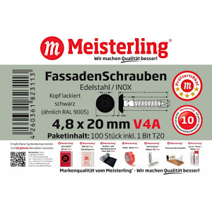 100 x MEISTERLING® FASSADENSCHRAUBEN INOX V4A 4,8 x 20 MM FLACHKOPF TORX T20 SCHWARZ + 1 BIT Bild 3