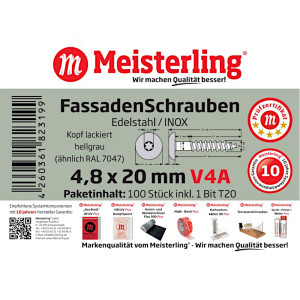 100 x MEISTERLING® FASSADENSCHRAUBEN INOX V4A 4,8 x 20 MM FLACHKOPF TORX T20 HELLGRAU + 1 BIT Bild 3
