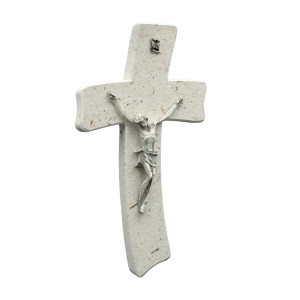 Wandkreuz aus Naturstein – 20 cm – Handgefertigtes Steinkreuz mit Jesus-Figur & INRI - gebogene Form Bild 3