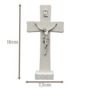 Tischkreuz aus Naturstein – 16 cm – Handgefertigtes Steinkreuz mit Jesus-Figur & INRI