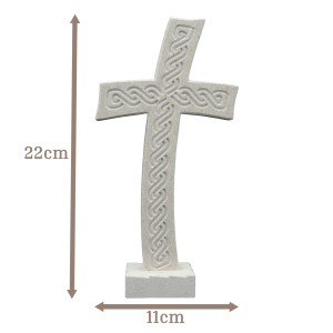 Tischkreuz aus Naturstein – 22 cm – Handgefertigtes Steinkreuz mit Flechtmuster - gebogene Form