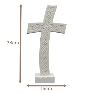 Tischkreuz aus Naturstein – 28 cm – Handgefertigtes Steinkreuz mit Flechtmuster - gebogene Form