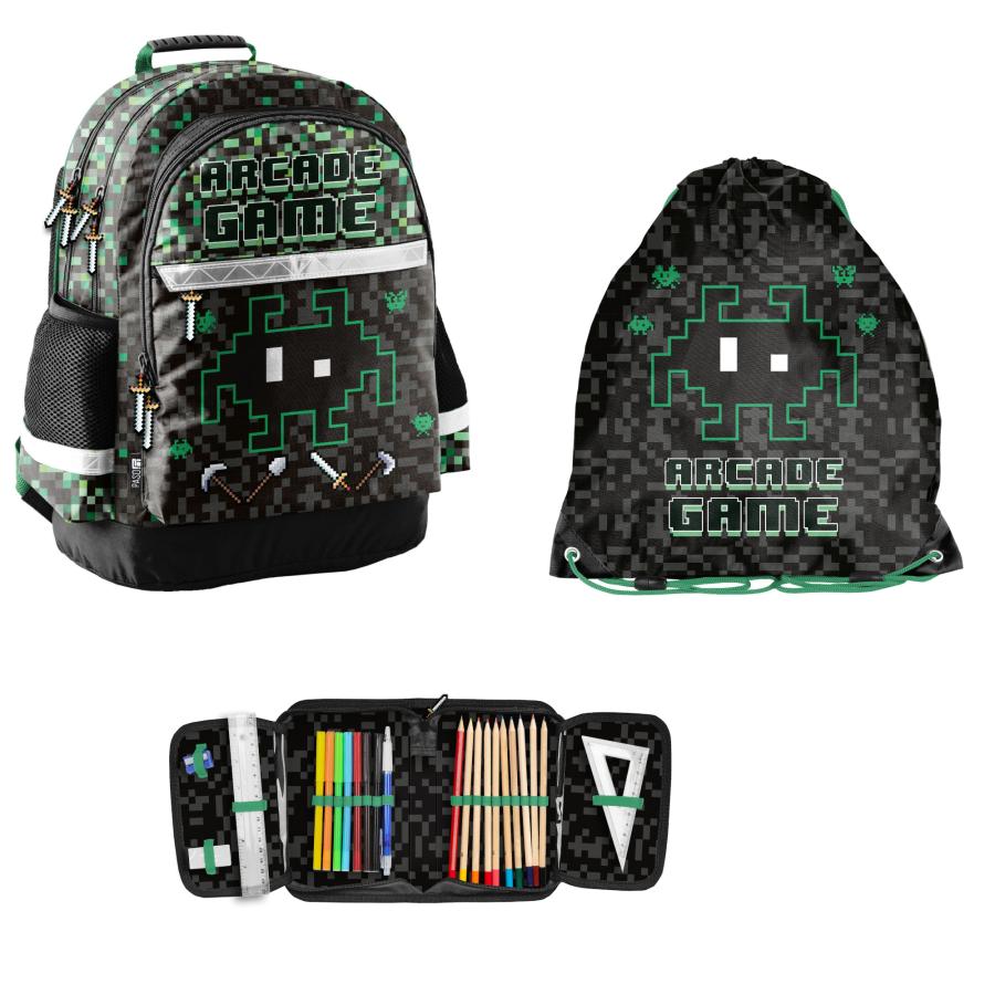 3-TEILIGES SCHULSET: KINDER RUCKSACK + TURNBEUTEL + BEFÜLLTE FEDERMAPPE - GAME - SCHWARZ / GRÜN