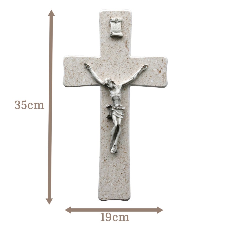 Wandkreuz aus Naturstein – 35 cm – Handgefertigtes Steinkreuz mit Jesus-Figur & INRI