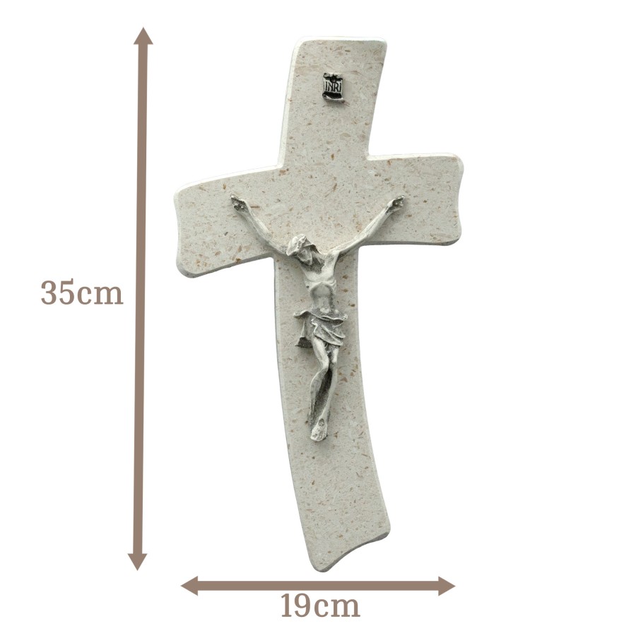 Wandkreuz aus Naturstein – 35 cm – Handgefertigtes Steinkreuz mit Jesus-Figur & INRI - gebogene Form