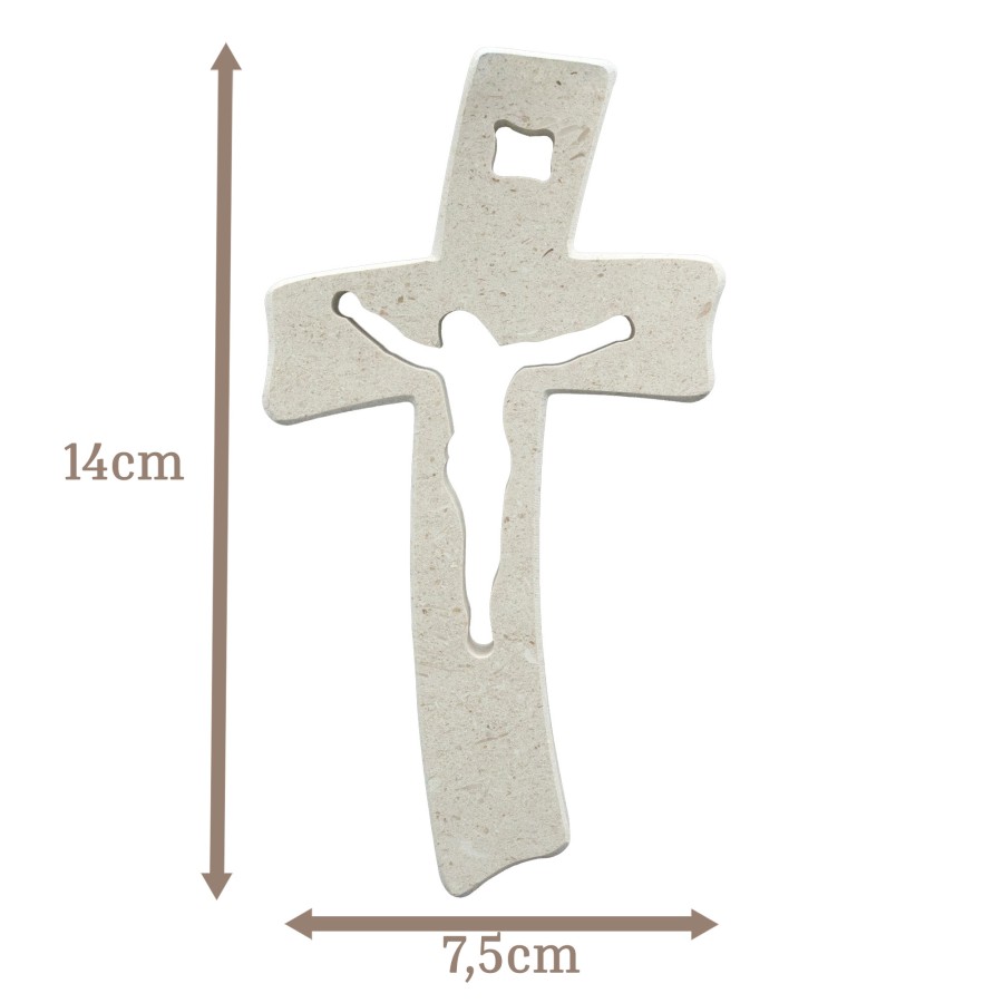 Wandkreuz aus Naturstein – 14 cm – Handgefertigtes Steinkreuz mit ausgefräster Jesus-Figur - gebogene Form