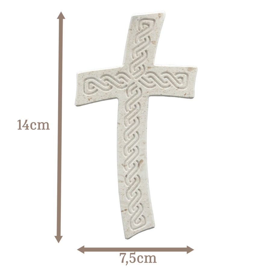 Wandkreuz aus Naturstein – 14 cm – Handgefertigtes Steinkreuz mit Flechtmuster - gebogene Form