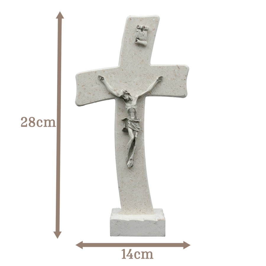 Tischkreuz aus Naturstein – 28 cm – Handgefertigtes Steinkreuz mit Jesus-Figur & INRI - gebogene Form