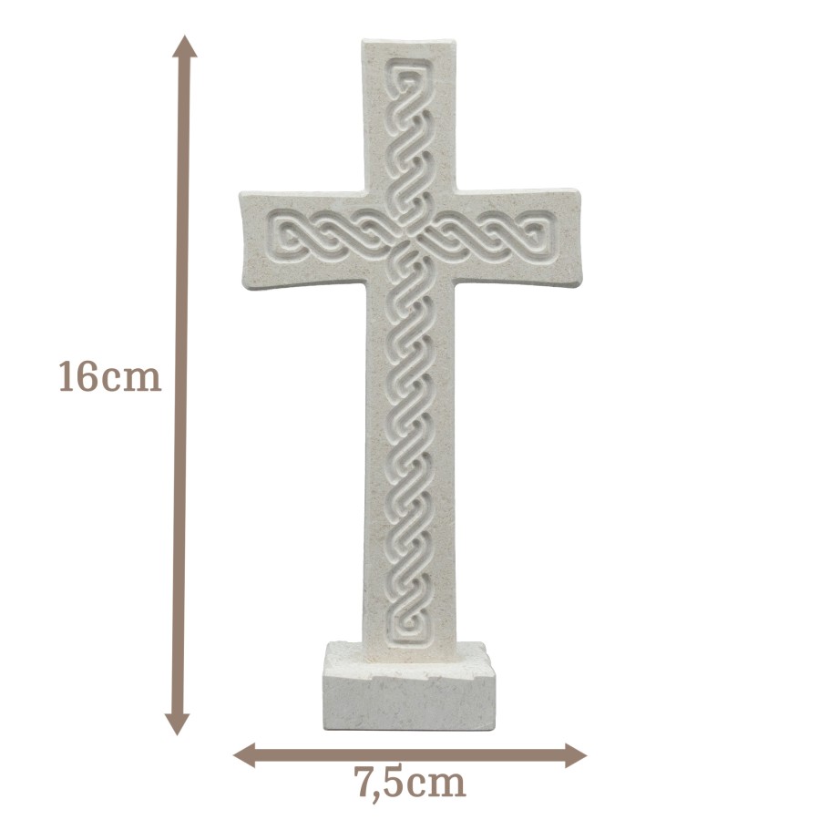 Tischkreuz aus Naturstein – 16 cm – Handgefertigtes Steinkreuz mit Flechtmuster