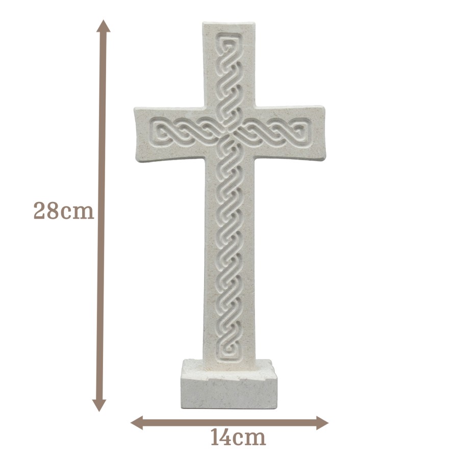 Tischkreuz aus Naturstein – 28 cm – Handgefertigtes Steinkreuz mit Flechtmuster