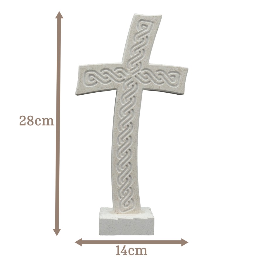 Tischkreuz aus Naturstein – 28 cm – Handgefertigtes Steinkreuz mit Flechtmuster - gebogene Form
