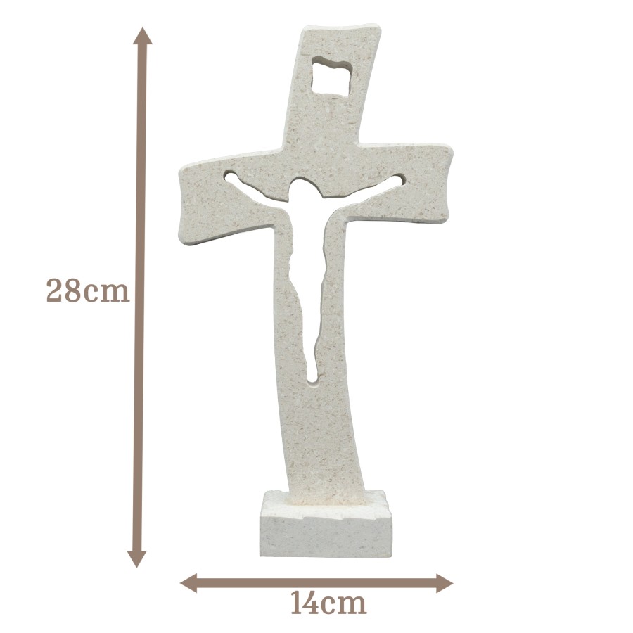 Tischkreuz aus Naturstein – 28 cm – Handgefertigtes Steinkreuz mit ausgefräster Jesus-Figur - gebogene Form