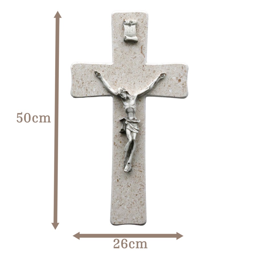 Wandkreuz aus Naturstein – 50 cm – Handgefertigtes Steinkreuz mit Jesus-Figur & INRI
