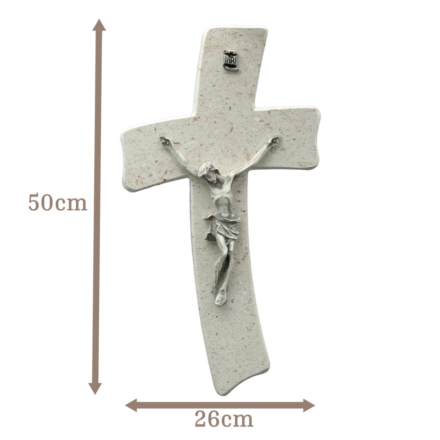 Wandkreuz aus Naturstein – 50 cm – Handgefertigtes Steinkreuz mit Jesus-Figur & INRI - gebogene Form